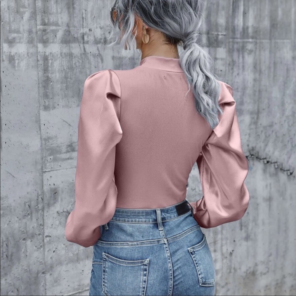 Ribbed satin puff sleeve blouse-Baby blue - Picture 4 of 14